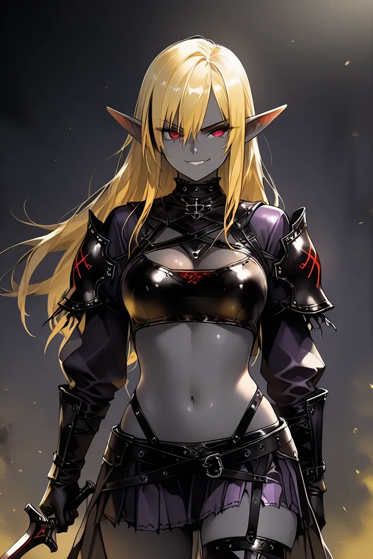 A female dark elf with dark-gray skin, and deep-dark-yellow hair with black tips, wearing black leather bdsm straps, wearing a ((ragged dark-purple waist fauld)), holding a dagger, predatory smirk expression, exuding a dark fantasy aesthetic ultra detailed...