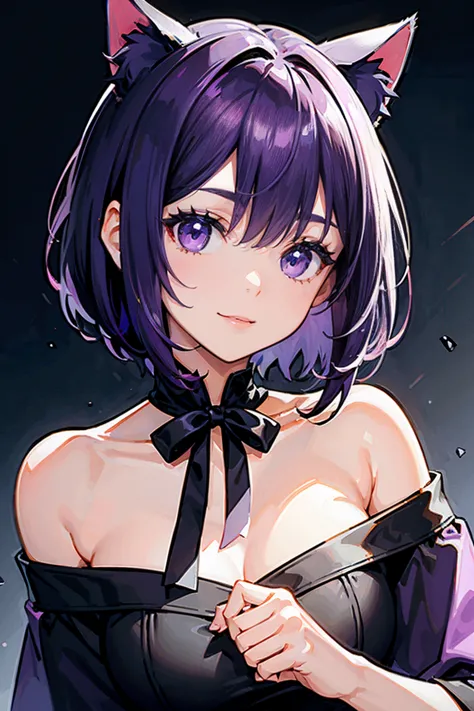 Cat ears、Purple Hair、short hair、off shoulder knit、 mini dress、 Facing Front、1 person、high resolution, Front of face、8k、 Smile、Black bow on the neck、