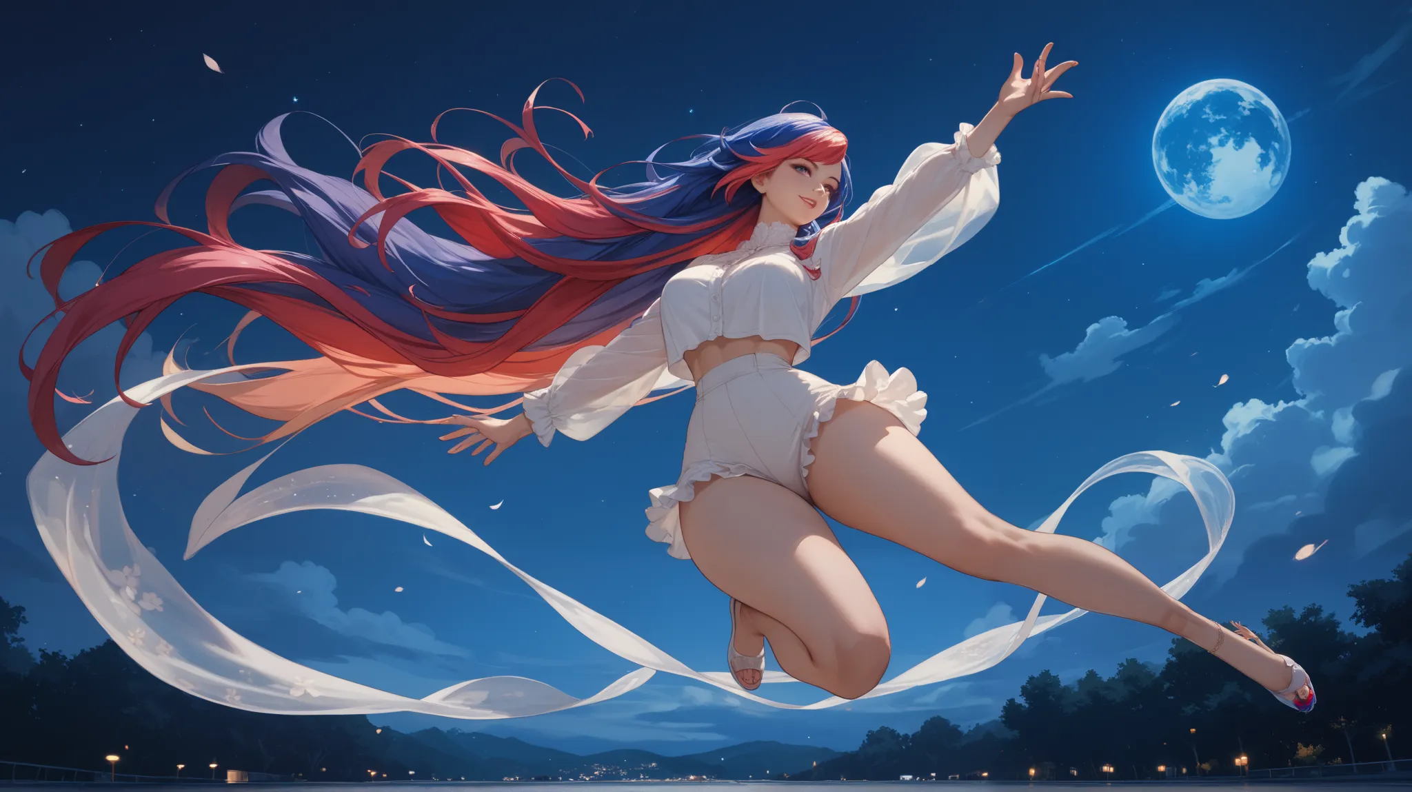  anime woman night,(((random color hair))), long hair, full body, in perspective(((body with beautiful curves, in the air))) 