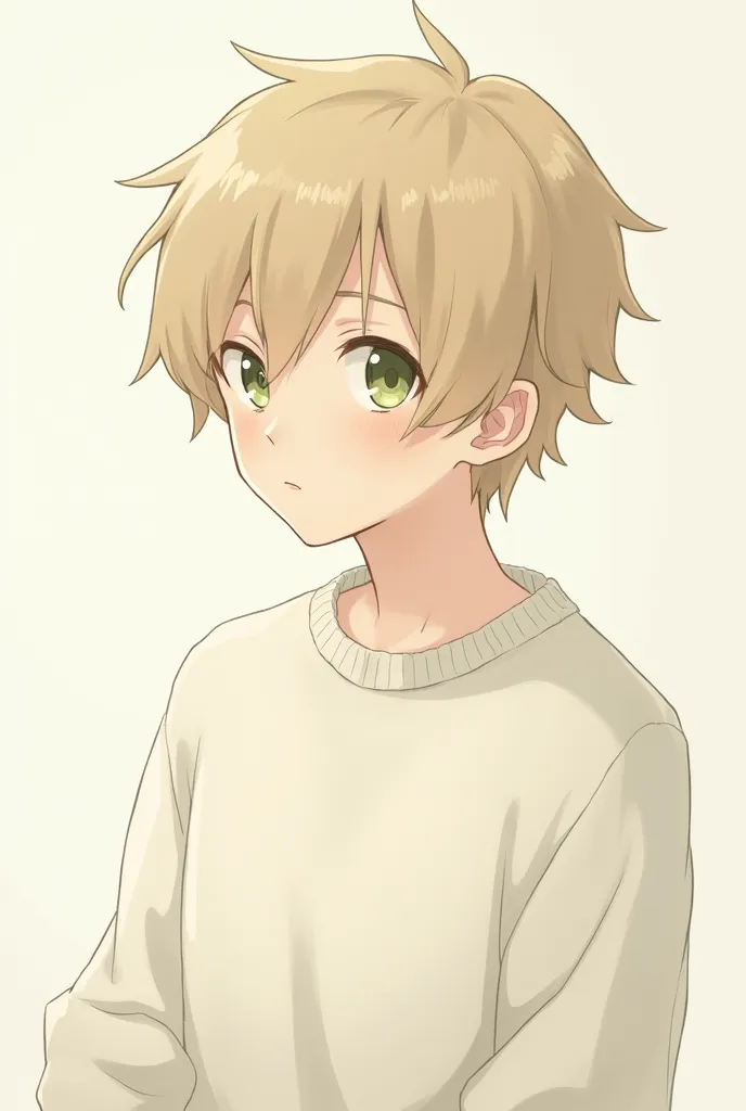 Anime boy with beige hair and green eyes and white sweater 