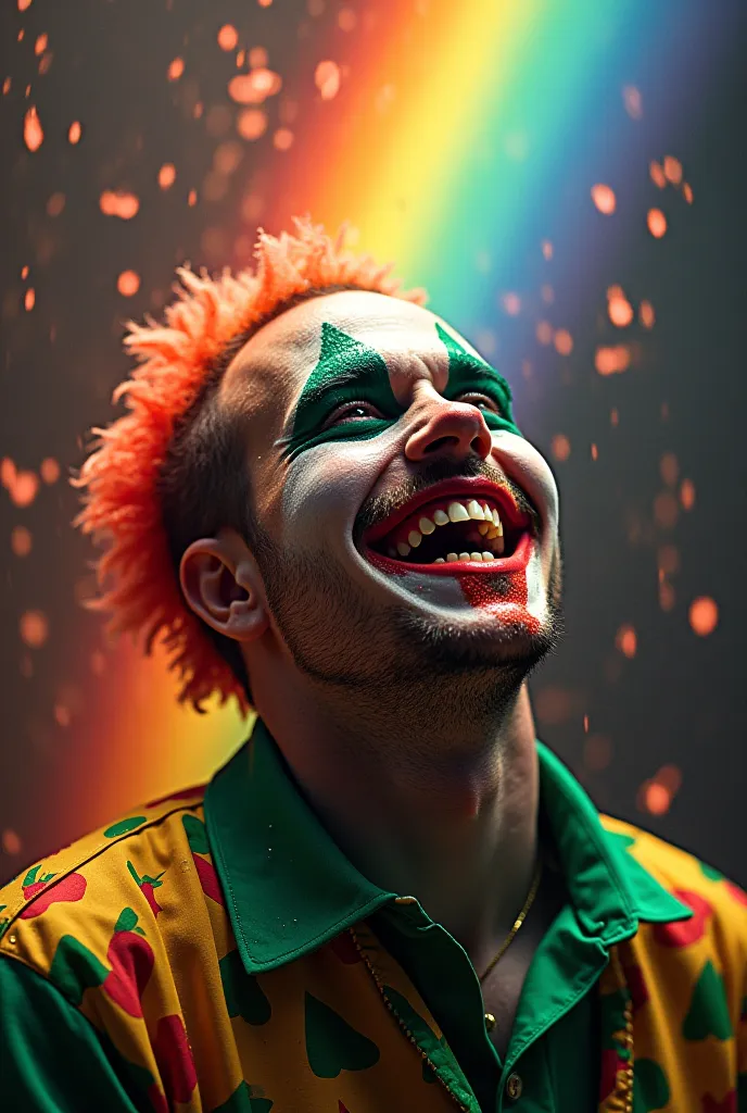 juggalo with sprite spraying on his face while he is smiling while a rainbow is above his head