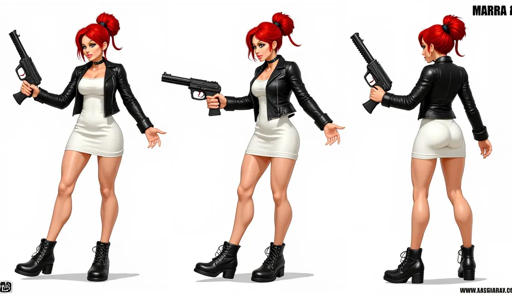 2d game character, women with a shotgun in her hand,  holds a shotgun in an outstretched hand, red hair, white dress, black leather bike jacket, grinders shoes, pose list, walk view, side view, front view, back view, comics style, punk, trending on arstati...