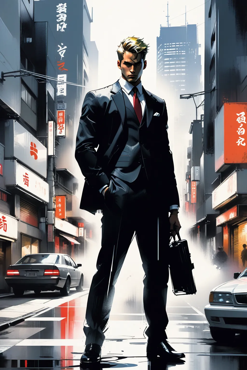 man, Japanese, suit, 20-years-old, cityscape in Tokyo, brake, spot_color, Ashley Wood style, thick brush stroke, colored pen, high_contrast, Cinematic Lighting, intense shadows,
