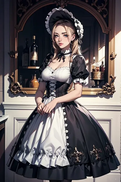 highest quality, masterpiece, Symmetrical and highly detailed eyes, flesh female, Highly detailed background, tendency (Art Station:1.46), Surreal, Cinema Lighting, Studio Quality, 8k resolution, masterpiece, A scene from a tea party with gothic lolita cos...