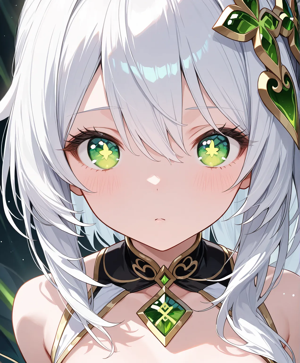 Green Crystal Eyes, White Hair, close up - opening them