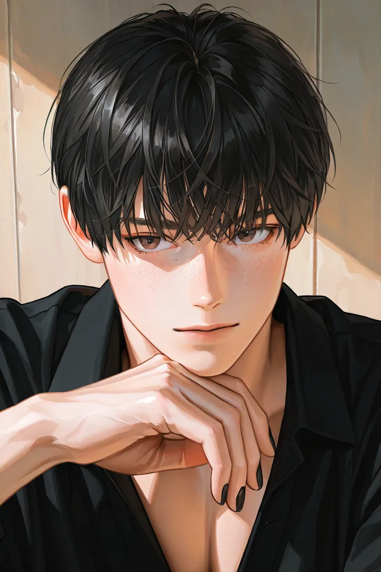 Mature male, handsome, messy bangs, short hair, jfcut, brown eyes, black hair, freckles ,male focus, handsome man, thickly painted, black nail polish, semi-realistic art, semi-realistic art style