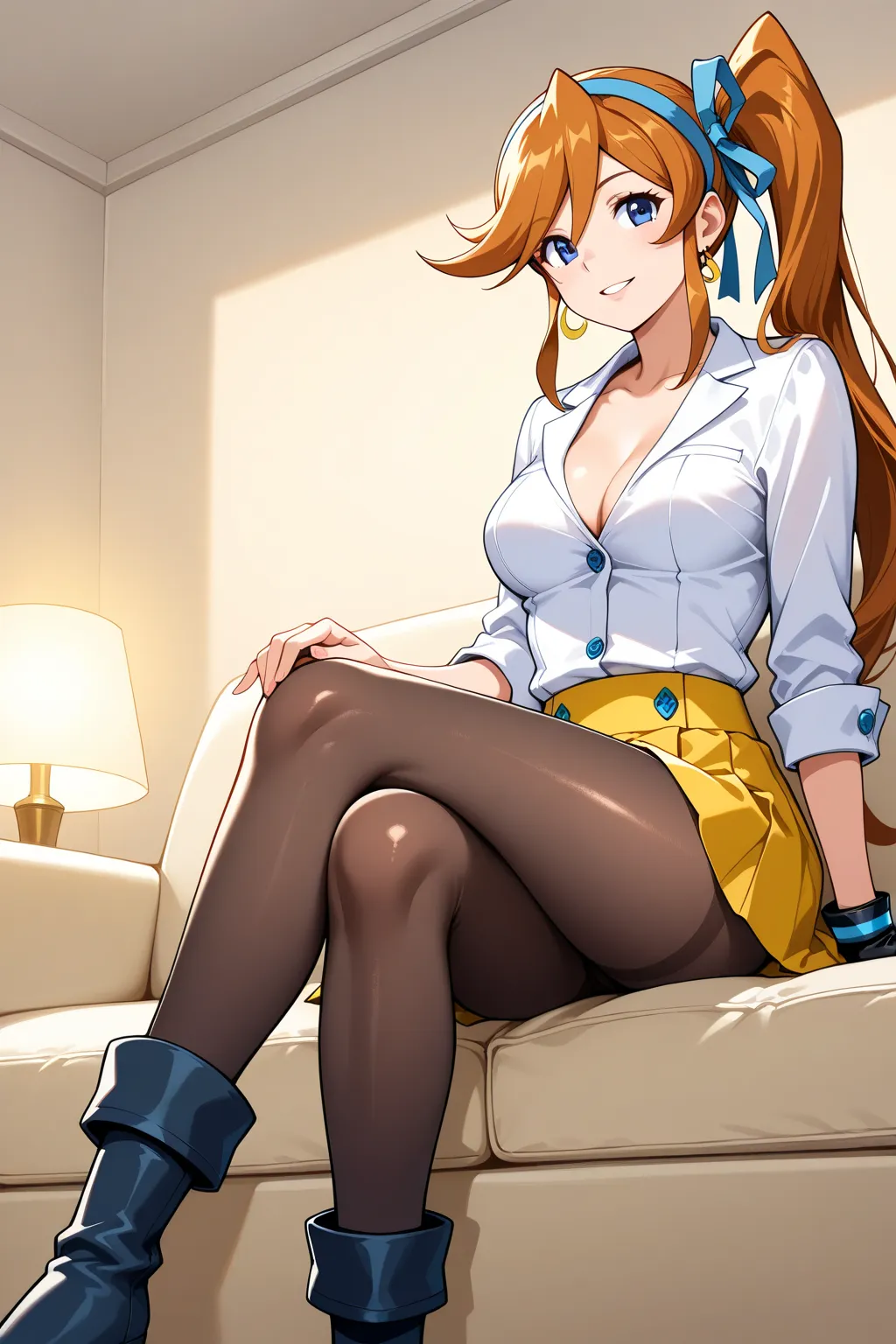 1 girl, solo, female only,

Athena Cykes \(ace attorney\),
dark blue eyes, orange hair, long side ponytail, blue hair ribon,
moon crescent golden earing,

Athena Cykes \(ace attorney\) outfit, 
no jacket, 
white shirt, 
no necktie, 
single glove, 
short ye...