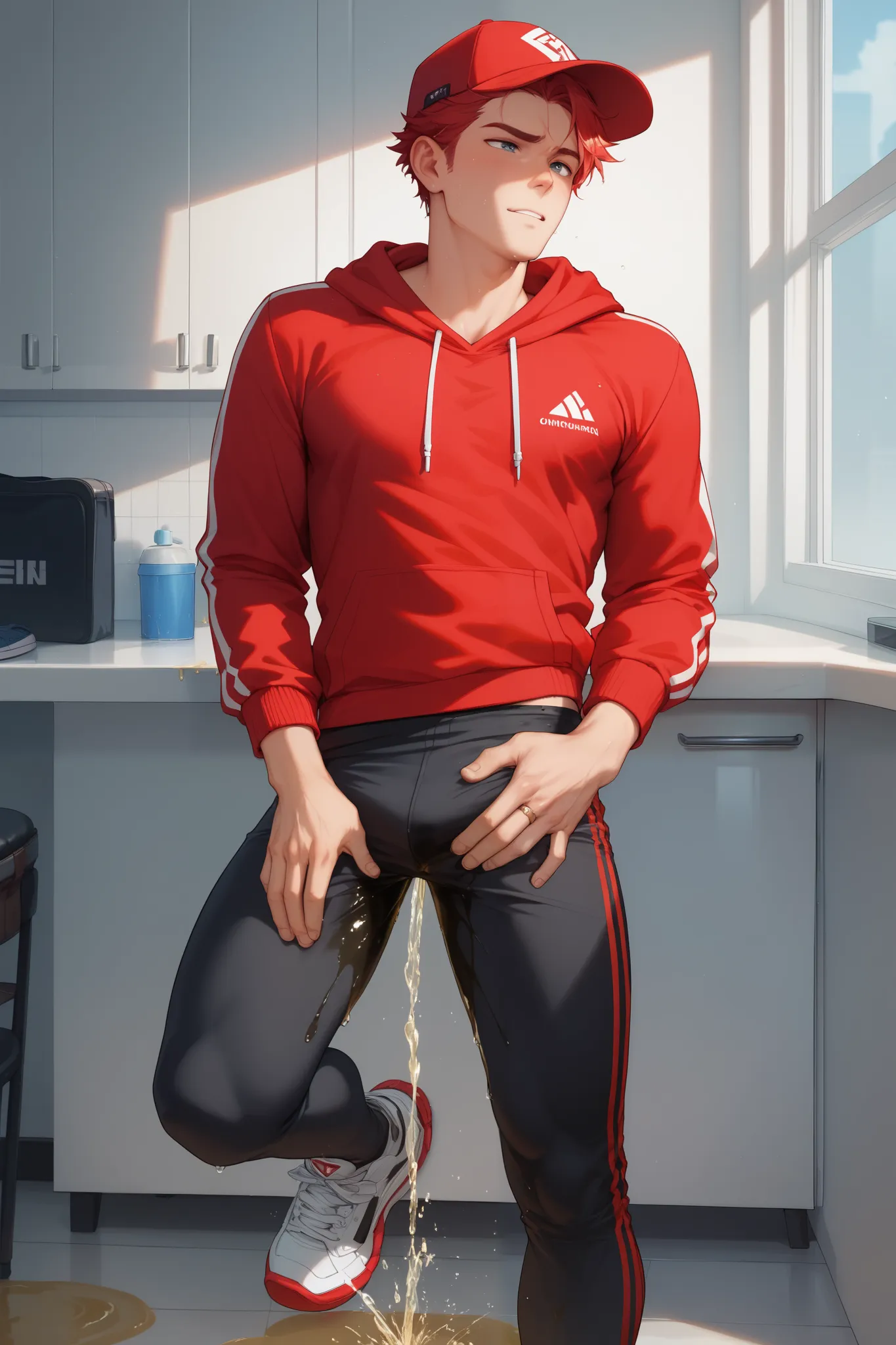 LiaqN.Red haired man.Handsome.Wearing a red hoodie cap black skinny pants Hi Top Sneakers.He couldn't hold his pee.There is a large pee wet spot on his crotch.Pee stain on his pants.Pee wet spot on his crotch.He is ashamed of peeing himself