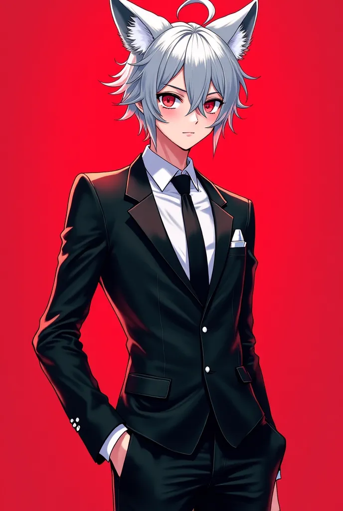 A full-body anime-style illustration of an ultra-femboy young male with a slender, accentuated waist and soft curves. He has silver, messy hair with long strands and prominent fox-like furry ears. Wearing a fitted black suit with white accents, a black tie...