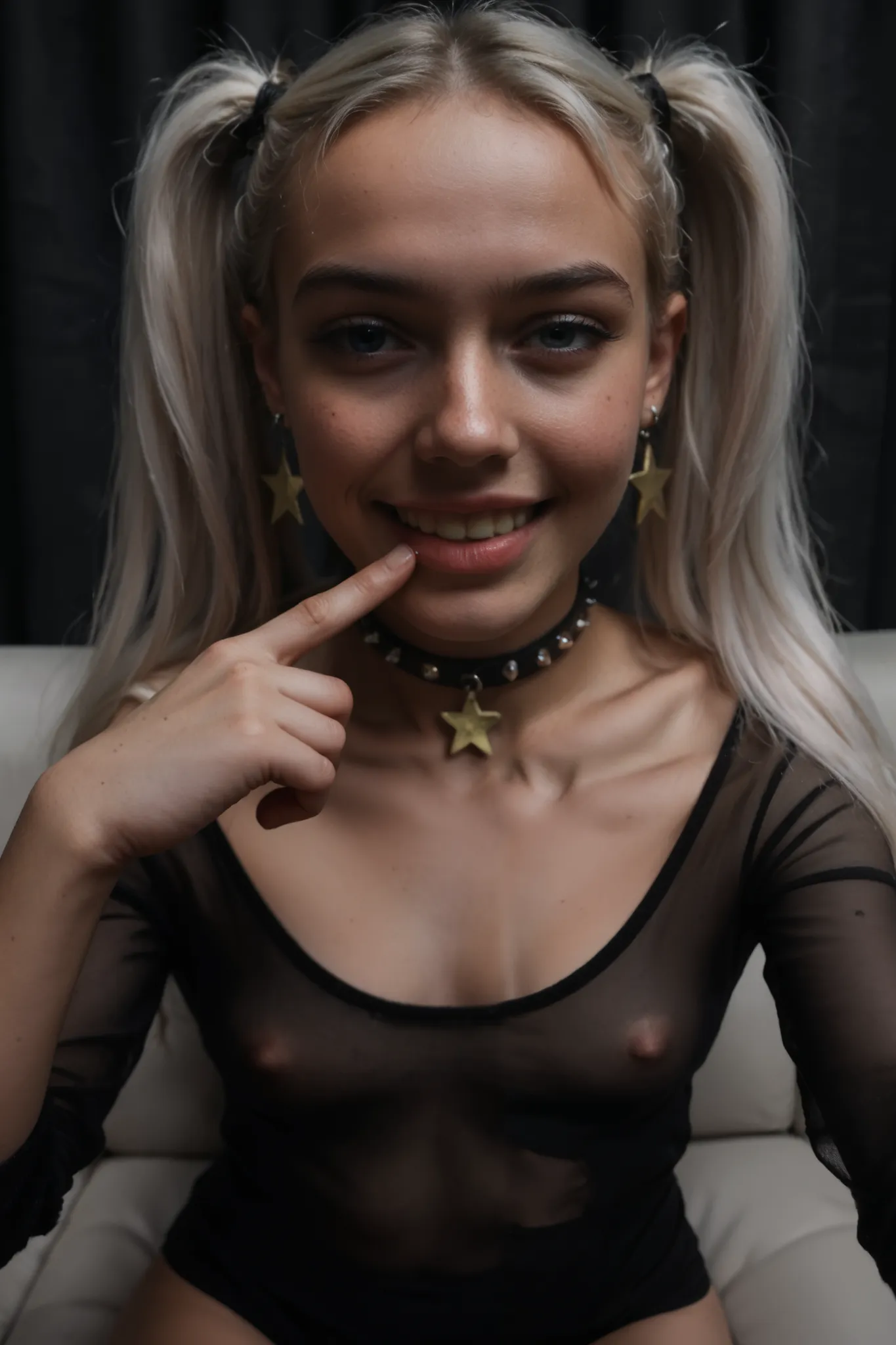 ((photorealism)), 1girl, solo focus, white hair girl with big full lips posing on a sofa, 20s, slim petite body type, D2, seductive smug grin, makeup, ((twin pigtails)), realistically textured natural hair, naturally textured soft skin, ((wearing a skintig...