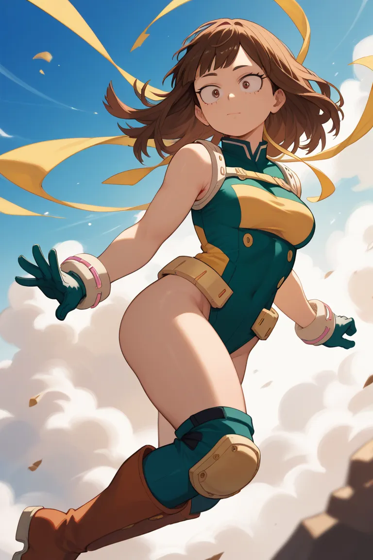 A full high-resolution anime-style illustration of a female hero in the style of My Hero Academia (Boku no Hero Academia), drawn with bold, clean lines and cel-shading. She has super long, brown hair with well-defined strands and a soft, layered fringe (ba...