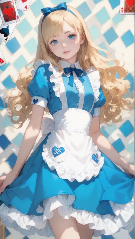 top quality, ultra high resolution, photorealistic, cute girl photo , detailed face, ( Prieros face_v1:0.008), Alice in Wonderland, **Yo, blonde wavy hair , white apron, blue dress , playing card pattern background, without makeup