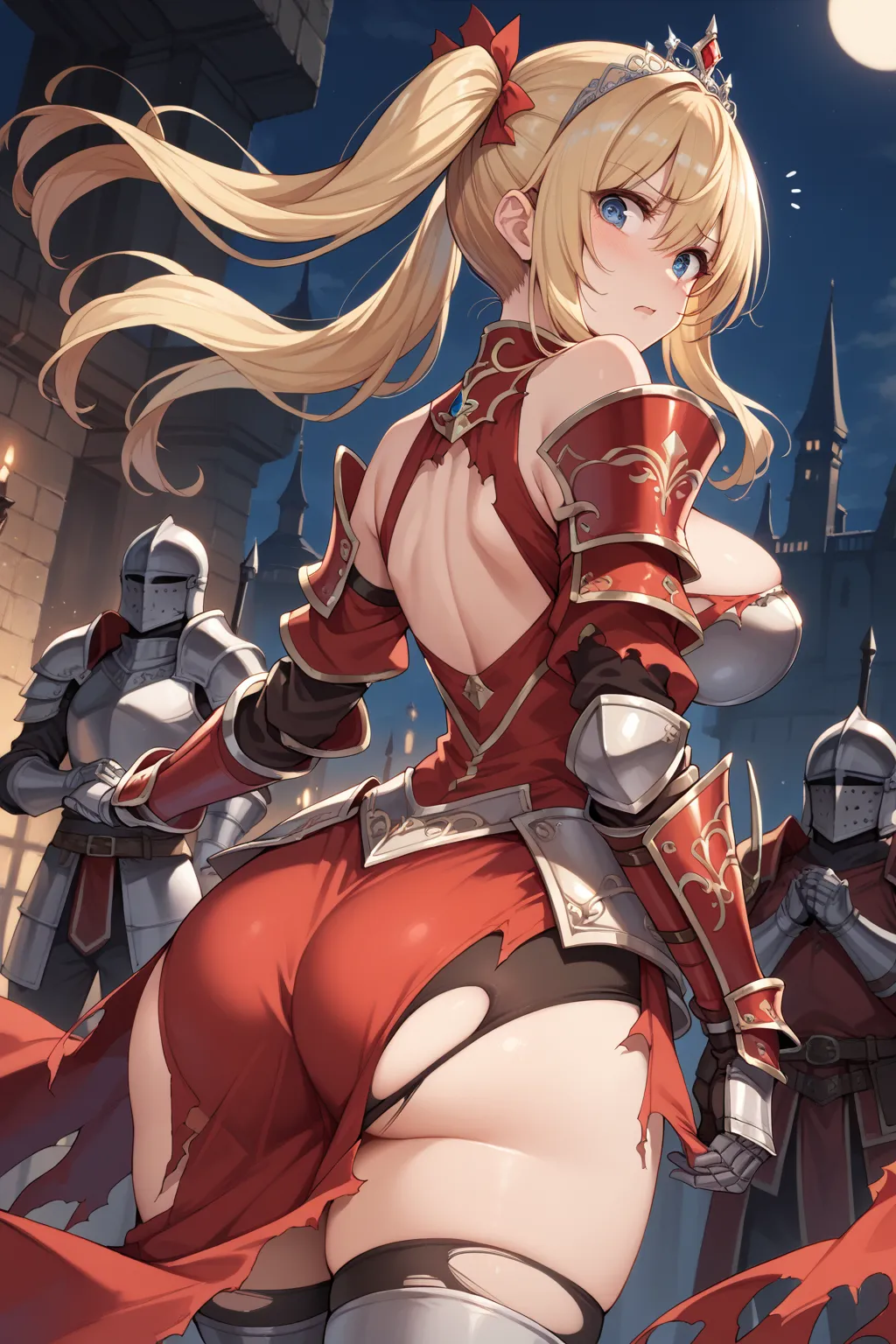 (masterpiece), best quality, fantasy art, 1girl, a female knight in metal armor, red_outfit, white_armor,cropped shoulders armor, plate armor, red armor dress,gauntlets, Blonde hair,twintails, long hair, blue_eyes, ruby tiara,cleavage, navel ,bare shoulder...