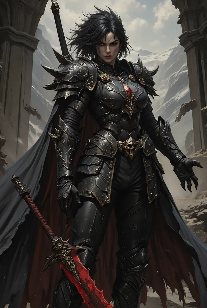 ArsMJStyle, dnddarkestfantasy, a muscular warrior woman with black hair and tan skin, wearing full plate and wielding a greatsword, short spiky hair