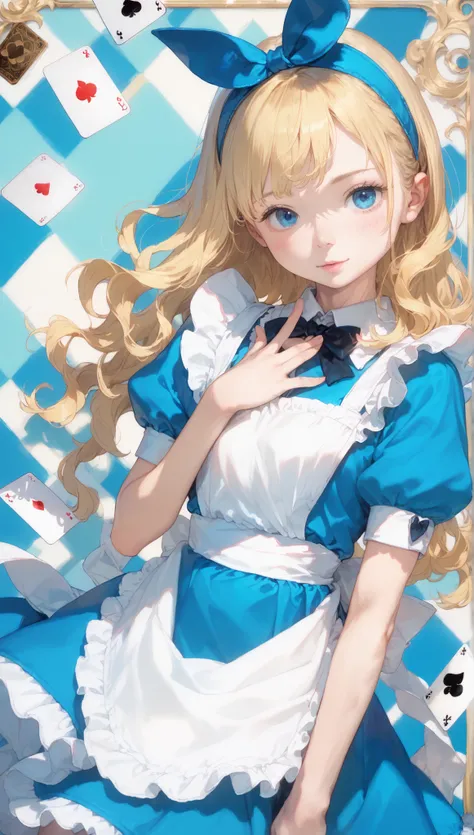 top quality, ultra high resolution, photorealistic, cute girl photo , detailed face, ( Prieros face_v1:0.008), Alice in Wonderland, **Yo, blonde wavy hair , white apron, blue dress , playing card pattern background, without makeup