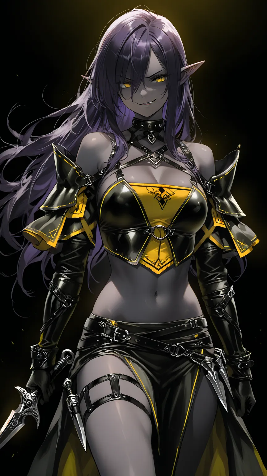 A female dark elf with dark-gray skin, and deep-dark-purple hair with black tips, wearing black leather bdsm straps, wearing a ((ragged dark-yellow waist fauld)), silver details, holding a dagger, predatory smirk expression, in a battle ready stance, black...