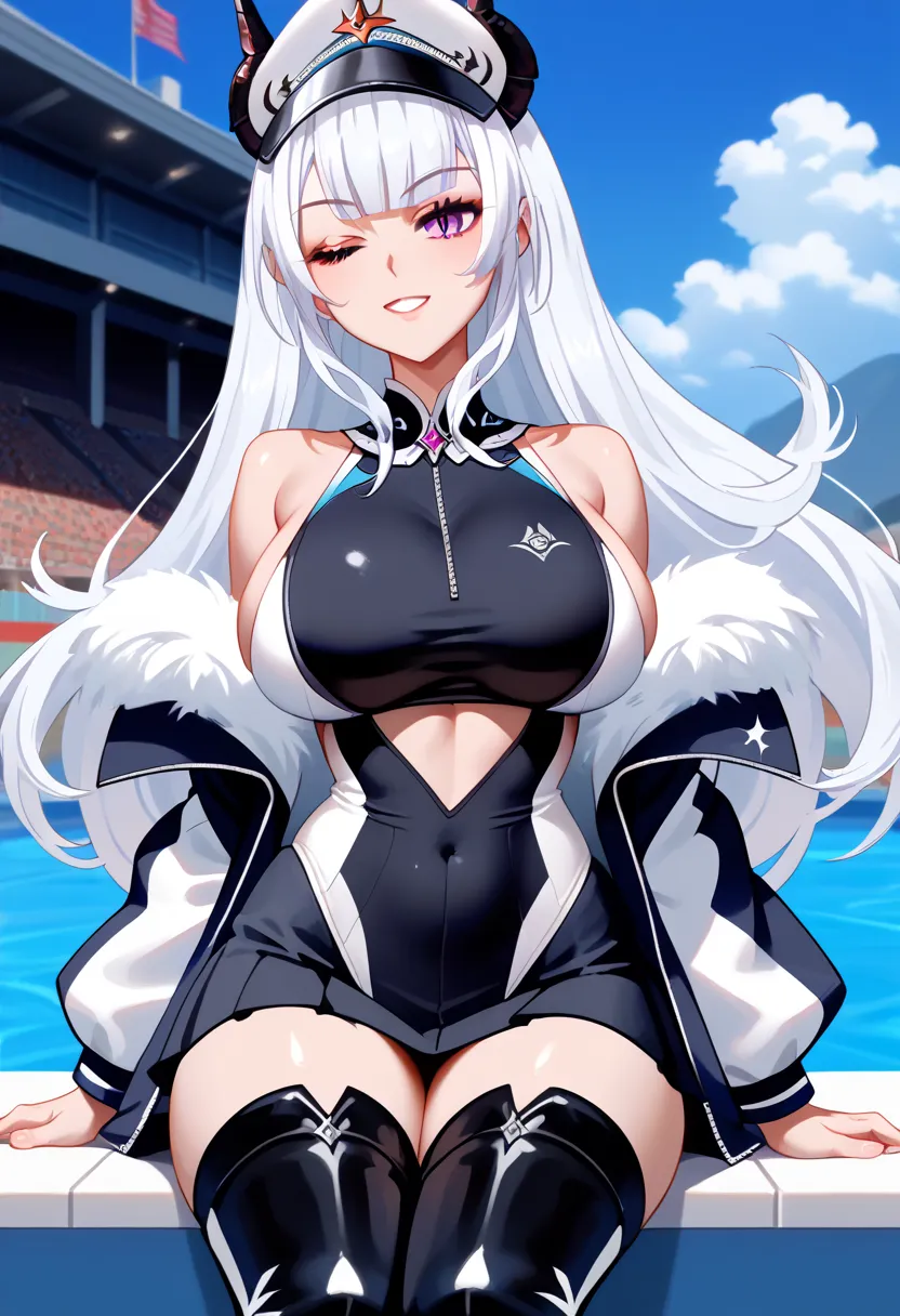 UHD, retina, masterpiece, accurate, anatomically correct, textured skin, super detail, high details, high quality, award winning, highres, 1080P, 16k, Woman in her 20s, tan skin, curvy, one eye closed, long eyelashes, huge breasts, pointy breasts, competit...