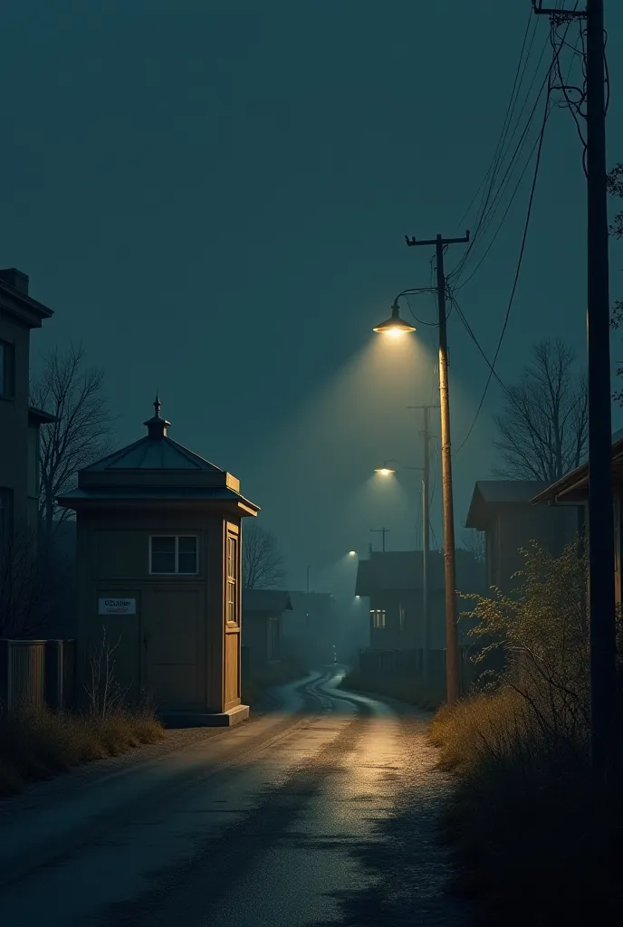 Create a scenographic landscape of a road, In 1959 , with a police booth, at night, With a lamp post