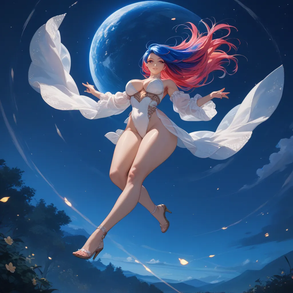  anime woman night,(((random color hair))), long hair, full body, in perspective(((body with beautiful curves, in the air))) 