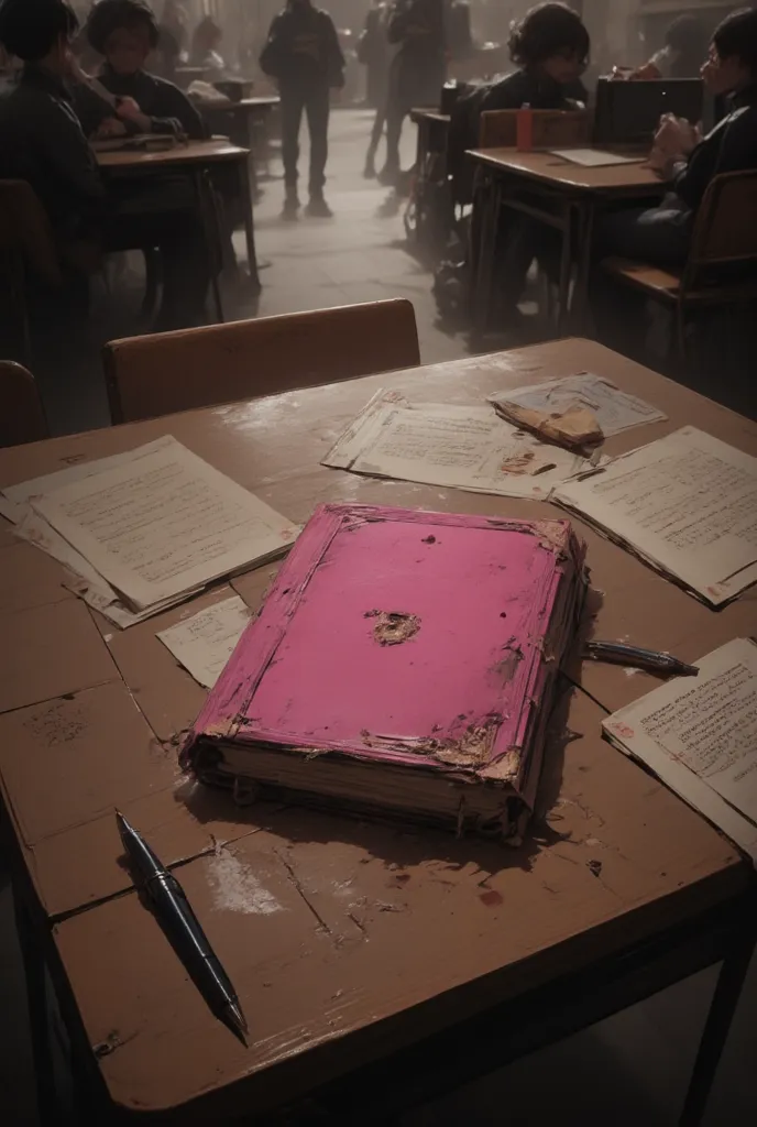 A pink Forbidden old dirty Book on school desk in classroom, pen, glasses, audience, close up forbidden old book,