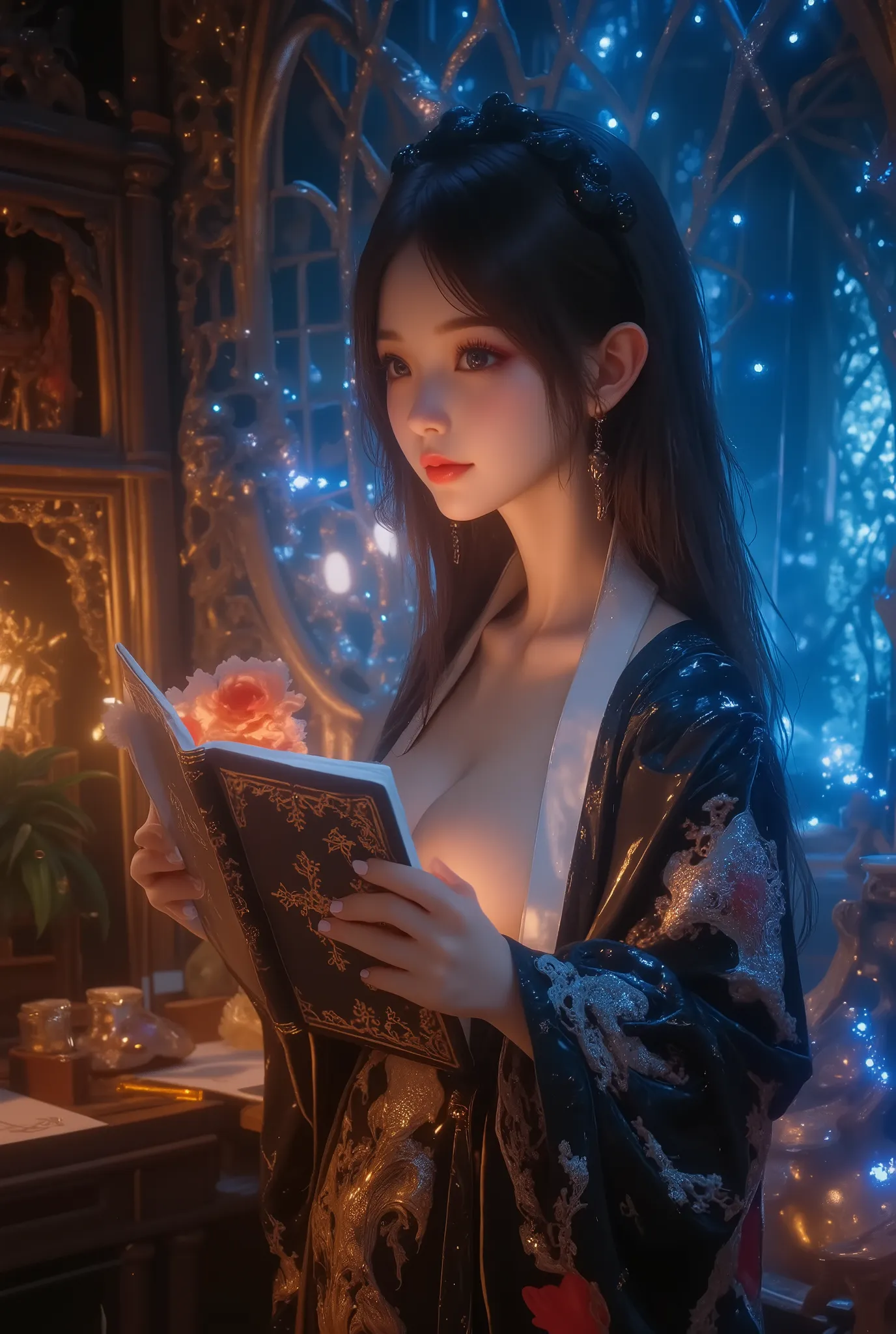 NSFW,  (close up A Forbidden Book:2.0), best quality , high image quality during sick leave, 16k,   unbelievably ridiculous ,  very well detailed, 2.5D,  delicate and dynamic,  cute sexy girl,  (Big Breasts、deep cleavage、Nipples:1.8), captivating smile on ...