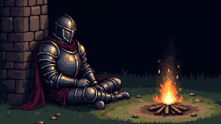 A highly detailed pixel art scene of a medieval knight in full plate armor, covering his entire body, a close up of a person sitting on a grass field near a fire, dark souls art style, fallen knight, dark souls style, dark souls inspired, in style of dark ...
