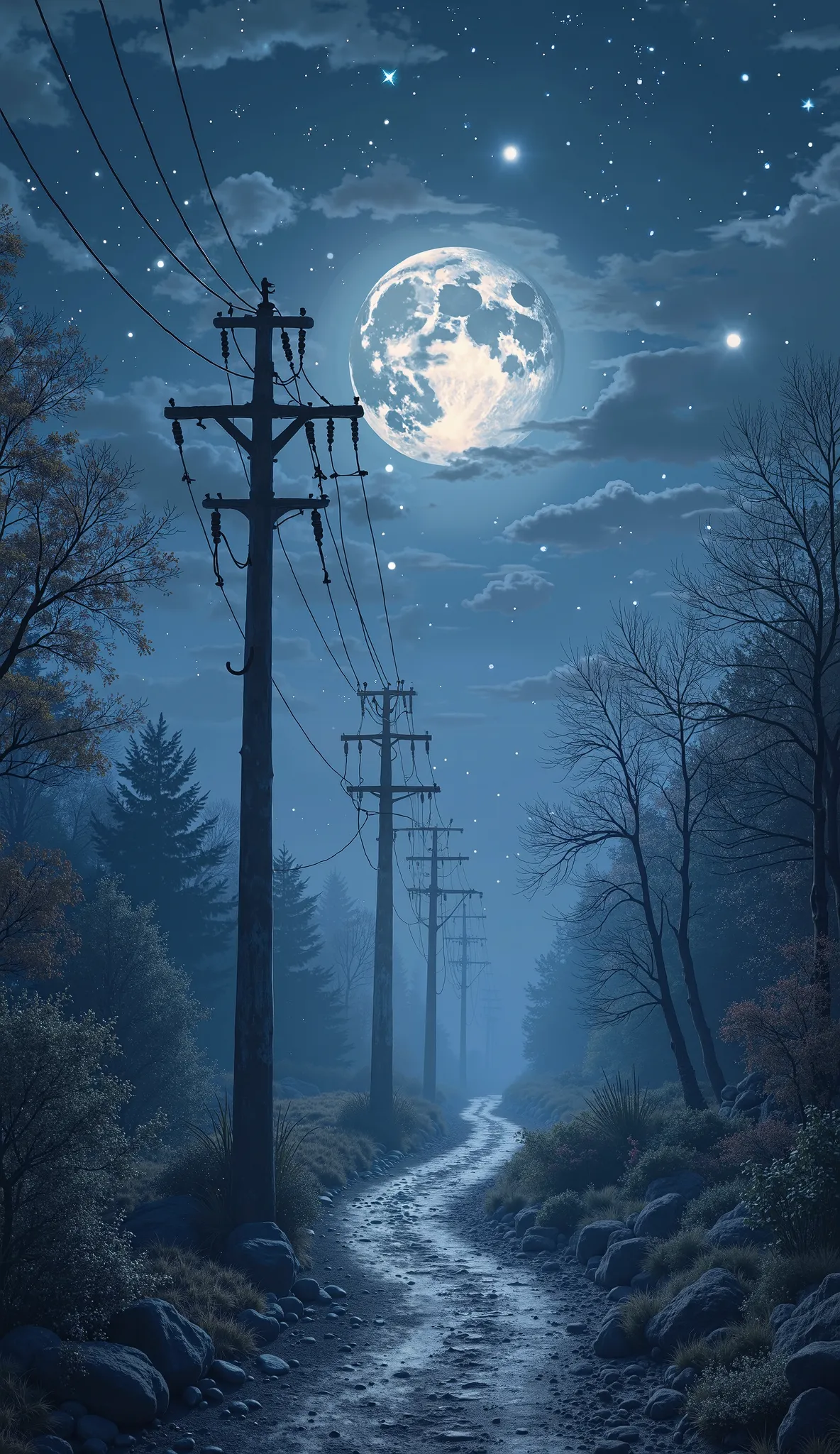 "A quiet and peaceful night, Let yourself be surrounded by a silver glow. Harmonious Moon Scene，Several electricians are working on the thread. Shimmering stars dot the dark sky,  creating a magical atmosphere . The surrounding nature is shrouded in a ligh...