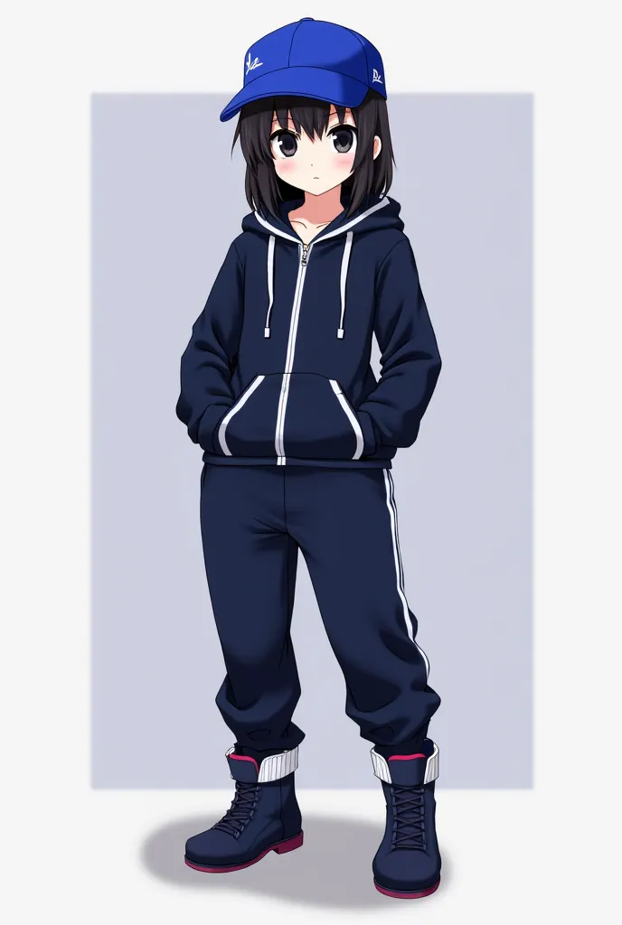 Anime girl with a dark and mysterious look,  with black hair, dark eyes and a neutral expression.

Her clothing is completely navy blue with white details. She wears a hooded jacket, sweatpants and boots with a modern design. She also wears a blue cap with...