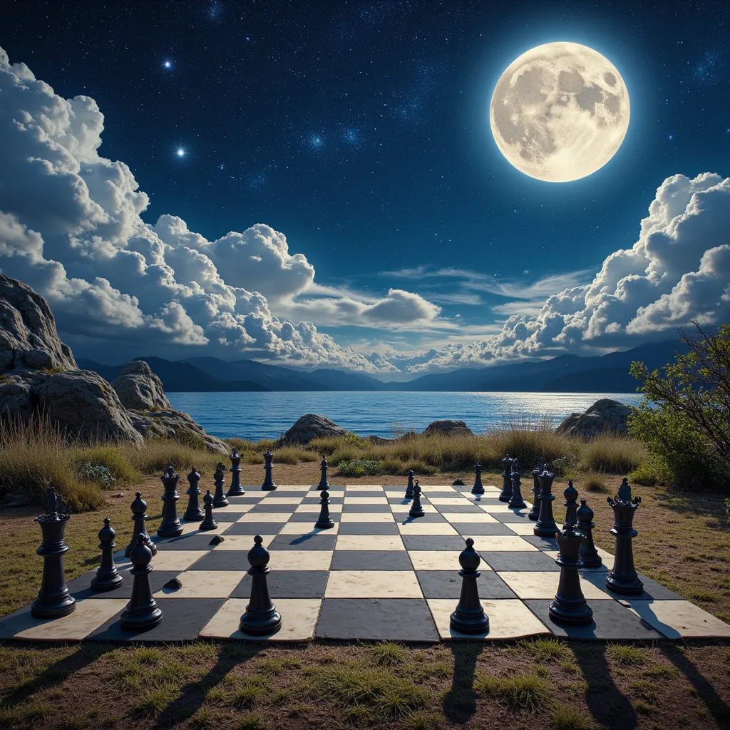 Picture in 3D. starry night sky, the moon shines at its full height among the clouds and illuminates the ground on which there is a huge chessboard with arranged pieces. 