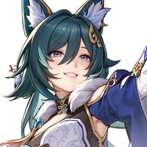 Close-up photo of a person's face 、 wears cat ears and dress。,  Ayaka from Genshin Impact , [[[[gAlsoning evily]]]],  Onmyoji portrait , Also, Genshin, genshin,  Hestia, Genshin Impactのキャリング, Ants, portrait of Ants,  Mischievous Smile, Malicious mockery 