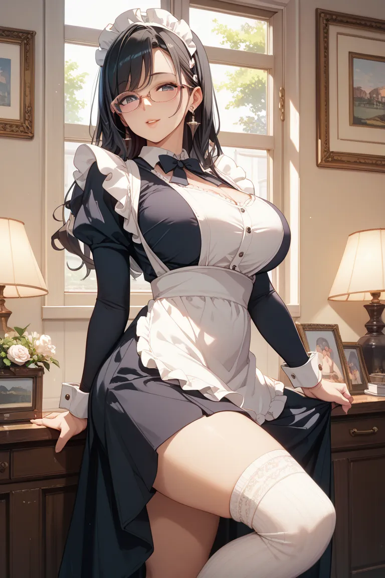 (milf:1.3)、housewife、maid clothes、 black hair、glasses、knee-high socks、arm cover、Big Breasts、standing up picture、long hair