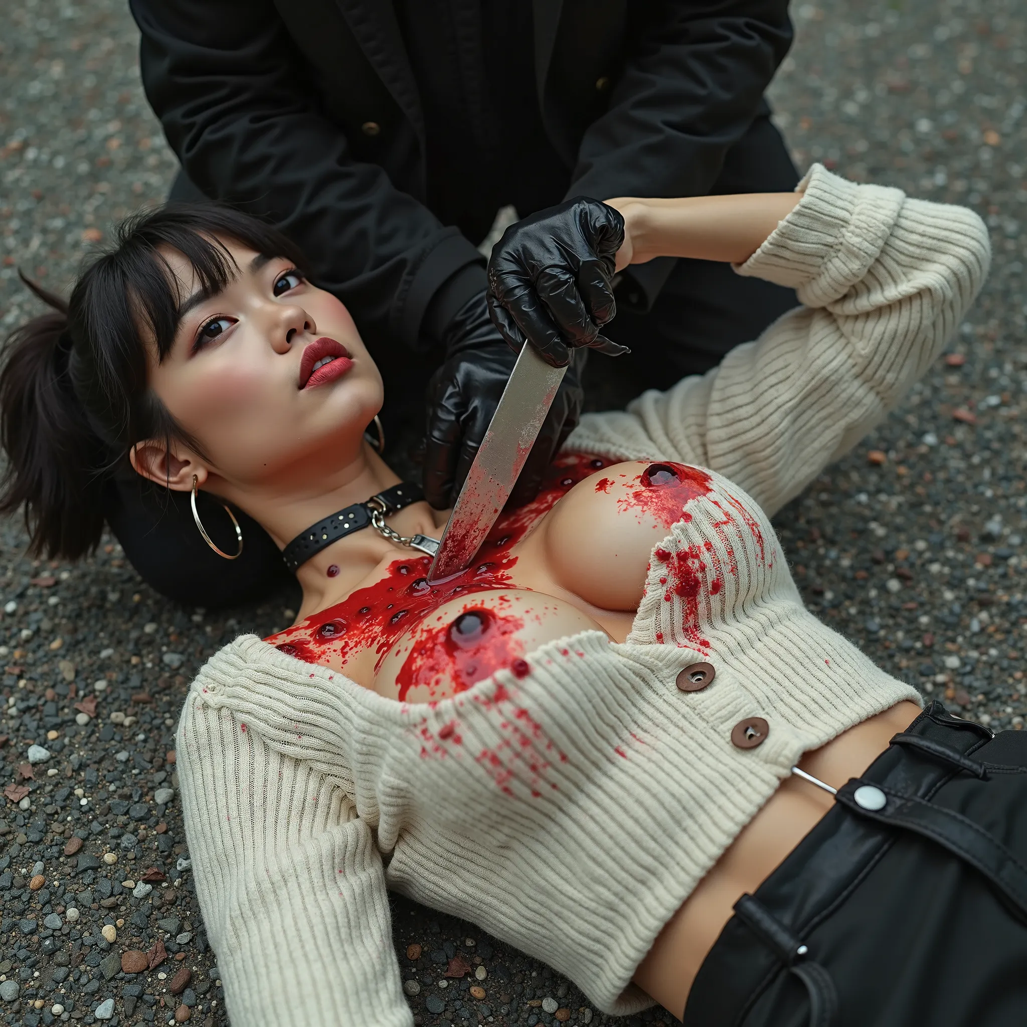 Gorgeous asian woman, with ponytail & short bangs, hoop earrings, choker, huge oversized breasts that have large red liquid circle tips with tiny crop top white ribbed knit button down sweater that's been completely unbuttoned & ripped open. She is lying o...