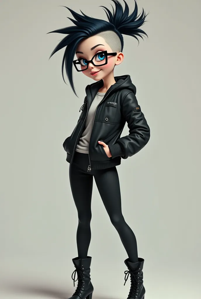 black haired girl, sidecut,  blue eyes, She wears glasses, The glasses are square, The glasses are big,  she is white , whole body,  she smiles ,The right side is shaved, The hairstyle is punk, Hair is a bopp,  real person, She is wearing leggings, she wea...