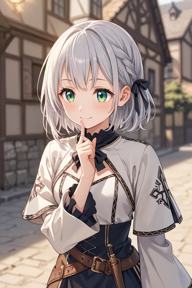 A tall 19-year-old anime ager,with short silver hair and a small braid adorned with a black ribbon on the side of her head, smiling mischievously. She wears a medieval fantasy uniform with geometric details, wide-sleeve illustration blurred background with...