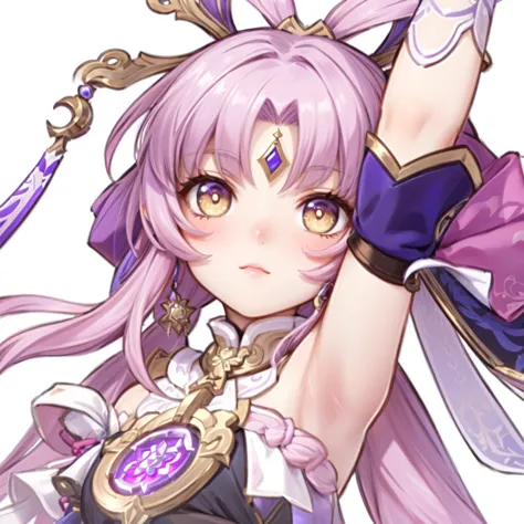 Close up of a person in a purple dress with a sword,  Ayaka from Genshin Impact , Chartier Bradforin, girl in a portrait of a knight of the twelve constellations, Krashert Krentzky Art Feminine,  Ayaka from Genshin Impact ゲーム,  shadowverse style,  Onmyoji ...