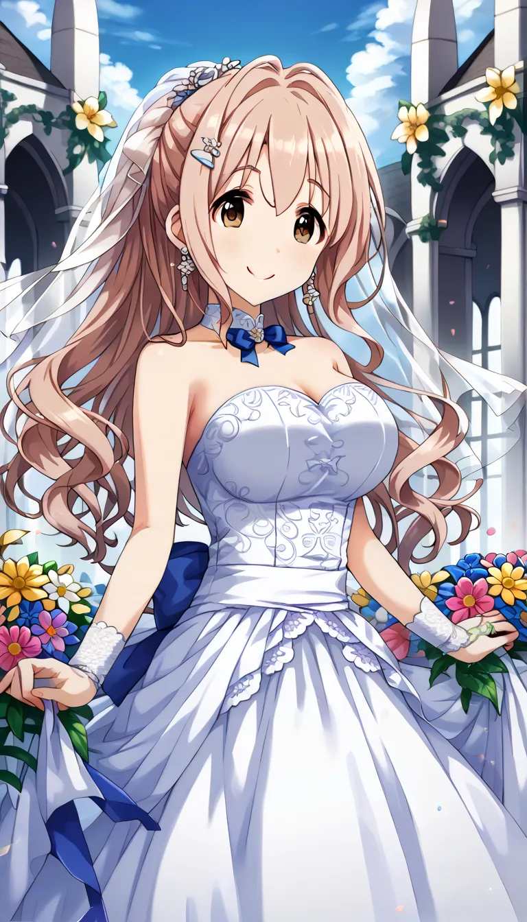  ponytail, smile, bow,Hair Ornament, hair flower, white dress,  race trim, ripping bare shoulders, White 肌, hair clip, earrings,  Beautiful Skyline ，(Beautiful sky)，(幸せなsmile:1.4),beautiful and delicate eyes，cute girl， Perfect Slim Body ，(wedding dress:1.5...