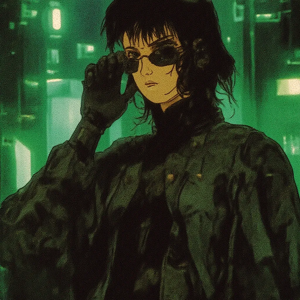 Woman in his early 30s, has the hairstyle of the protagonist of ghost in the shell, wears sunglasses, uses a black leather jacket, futuristic, matrix style, with one of his hands it´s adjusting the glasses