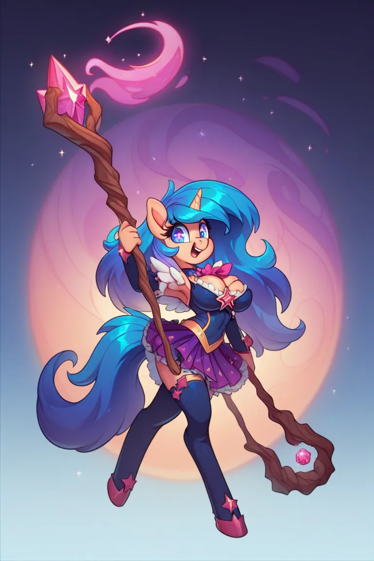 a magical young girl with big breasts,long dark blue hair wearing pony tail,Using simple,blue eyes with violet star pupils,holding a giant magic staff,full body, full body