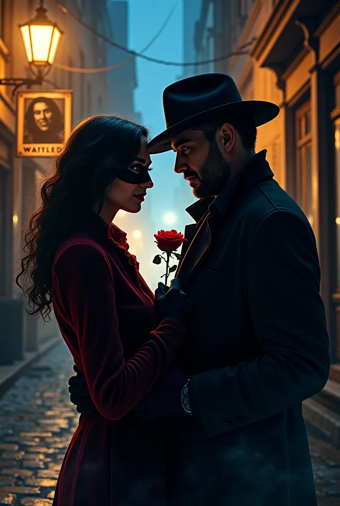 The cover exudes mystery, danger and a forbidden attraction. in the foreground, two figures stand behind, barely illuminated by the light of a night lamp in an alley in the city.  The Thief , with an elegant mask and dark costume, holds a red rose between ...