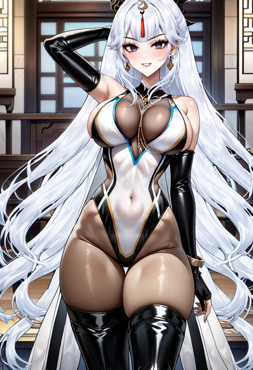 (masterpiece), (best quality), (Extremely detailed),Extremely detailed CG unity 8k wallpaper,Official Art,Expressive eyes,Solitary, (Arm stretch, Smile 1.2), (1 girl, Mature female, Large Breasts,   big ass，Black Hair, Long hair, black eyes, Dark-skinned w...