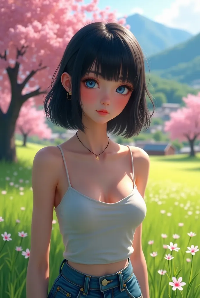 ((Top Quality)), ((Excellent)), (Detailed),((Swiss)),Ultra-Realistic, Stunning Environment, ((Topless)), Black Hair, ((Very Very Young Girl)),((Bob Hair)), Shiny Hair, ((Blue Eyes)),((Green Grassland)),((Cherry Blossoms in Full Bloom)),((Extra Close-Up)),(...