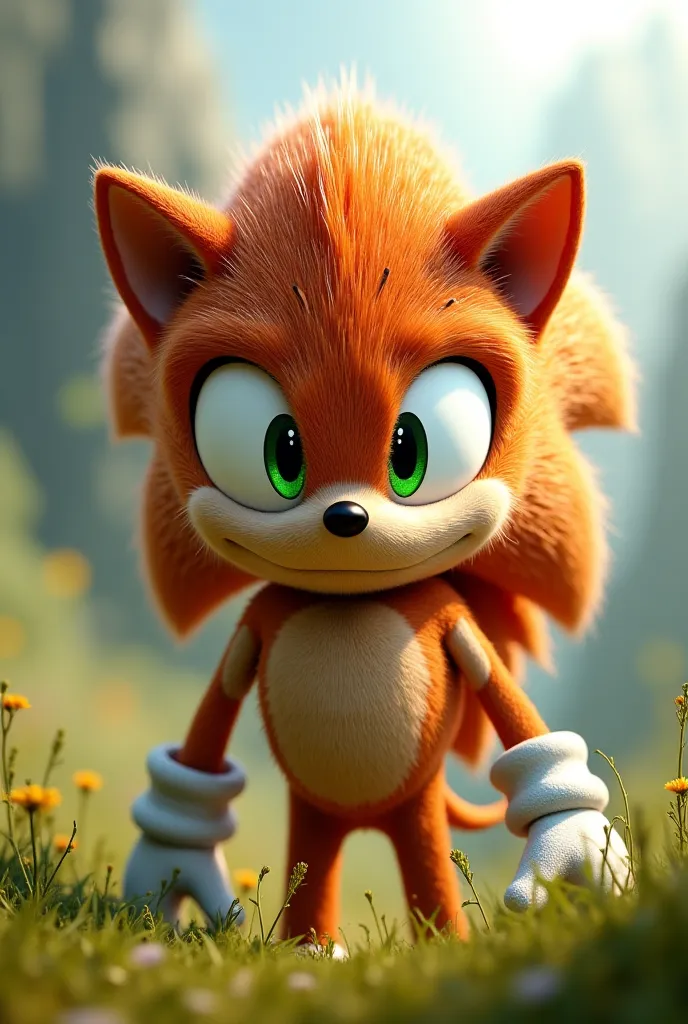 Make me a hedgehog in the style of Sonic the Hedgehog, and were brown and had fair skin, although his snout was black and some spots on his skin, His eyes were light green 