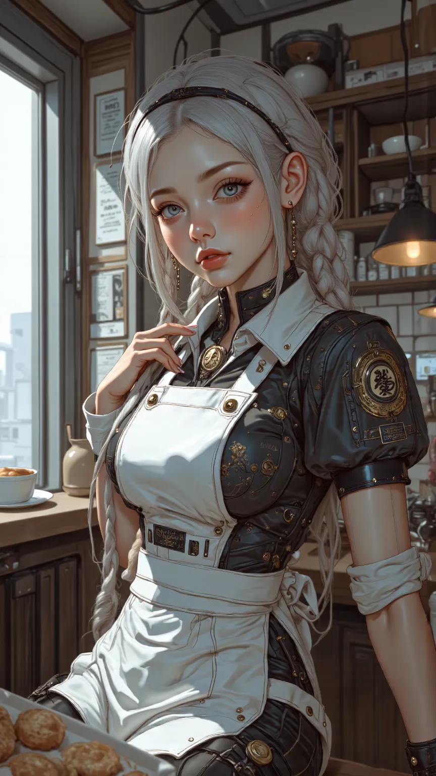 masterpiece、Clear Details、Complex Details、 1girl 、Pointed ears、Blue Eyes、short hair、silver hair、 Black Hair Band 、 Medium Chest 、 Qi Liu Hai、White nails、Red Eyeliner、 Traditional Media 、single braid、long braids、Smile、indoor、bakery、white apron、Lace Pants、 P...