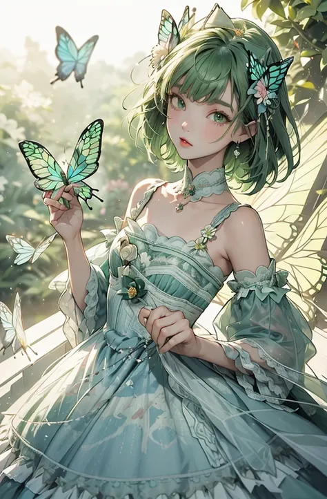 SMALL TEXT    、 ((      green hair )).      short hair ((    green eyes)).    princess、   ruffle dress、((background、colorful flower tunnel))、((Colorful butterflies fluttering:1.25)).