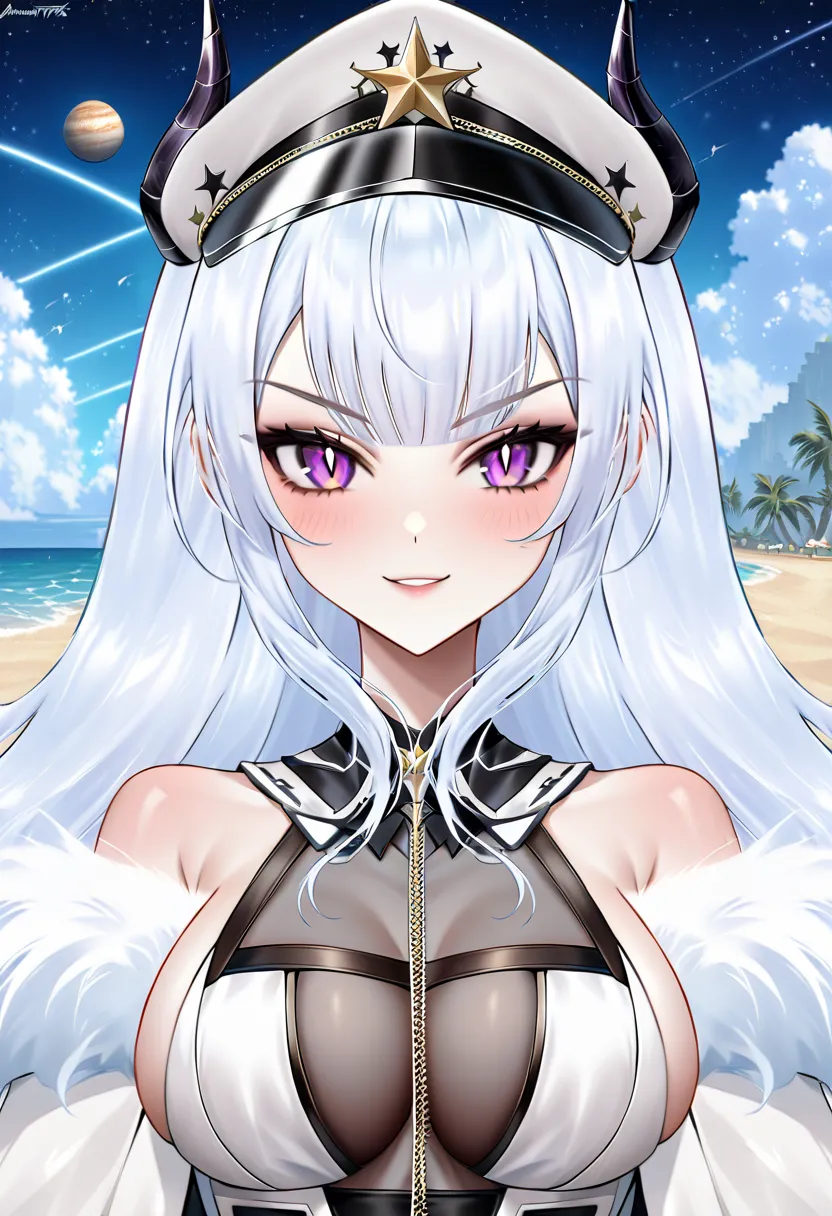 score_9, score_8_up, score_7_up, score_6_up, BREAK, AnastasiaWhiteVTPXL, purple eyes, slit pupils, white hair, long hair, bangs, black horns, white peaked cap, large breasts, bare shoulders, white coat, white dress, fur trim, solo, front view, (portrait, u...