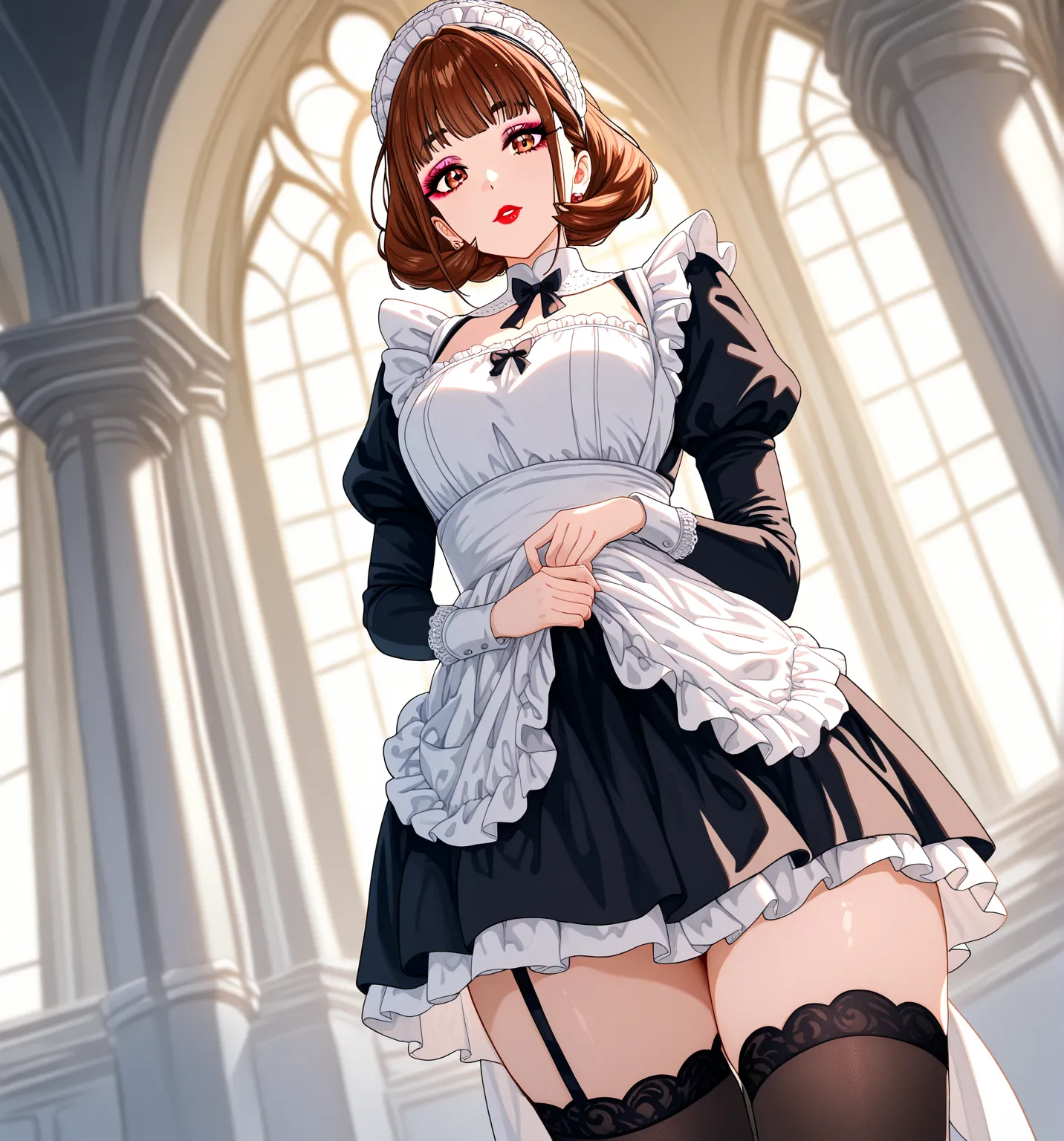 benetta from beauty and the beast, detailed, masterpiece, best quality, 
maid, skirt, thighhighs, 
indoors, 
1girl, solo, standing, looking at viewer, 
xbabettex, brown hair, short hair, brown eyes, makeup, lipstick,