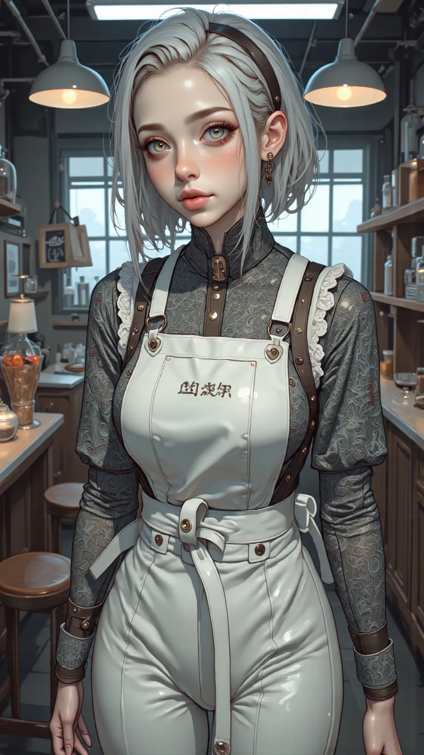 masterpiece、Clear Details、Complex Details、 1girl 、Pointed ears、Blue Eyes、short hair、silver hair、 Black Hair Band 、 Medium Chest 、 Qi Liu Hai、White nails、Red Eyeliner、 Traditional Media 、single braid、long braids、Smile、indoor、bakery、white apron、Lace Pants、 P...