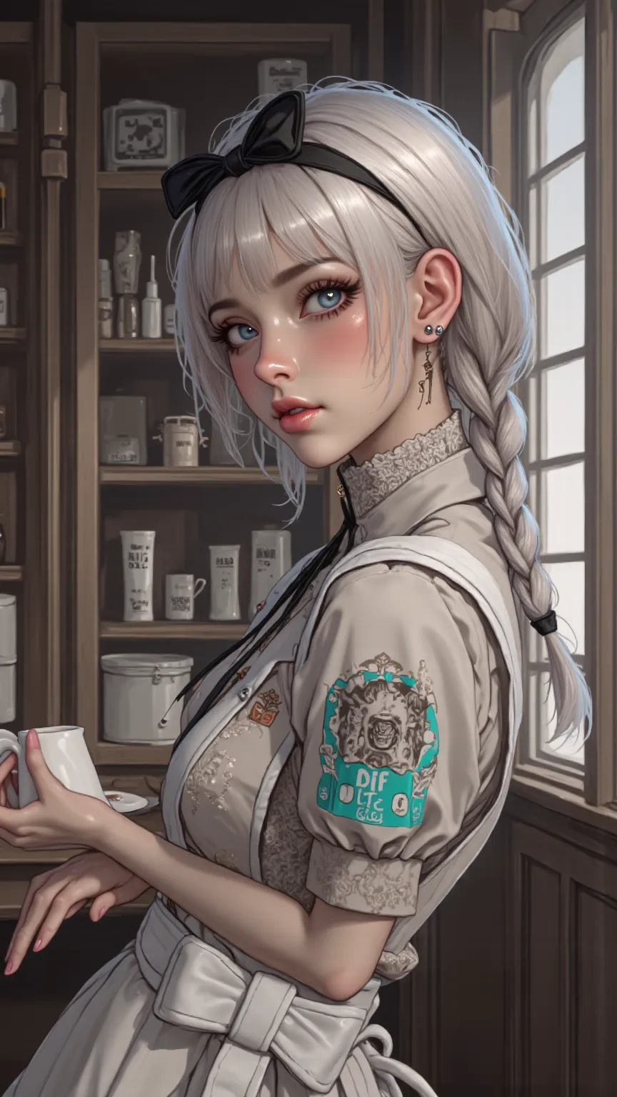 masterpiece、Clear Details、Complex Details、 1girl 、Pointed ears、Blue Eyes、short hair、silver hair、 Black Hair Band 、 Medium Chest 、 Qi Liu Hai、White nails、Red Eyeliner、 Traditional Media 、single braid、long braids、Smile、indoor、bakery、white apron、Lace Pants、 P...