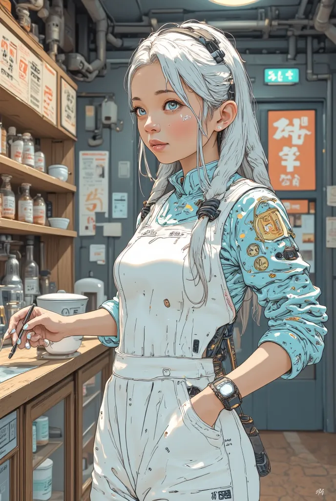 masterpiece、Clear Details、Complex Details、 1girl 、Pointed ears、Blue Eyes、short hair、silver hair、 Black Hair Band 、 Medium Chest 、 Qi Liu Hai、White nails、Red Eyeliner、 Traditional Media 、single braid、long braids、Smile、indoor、bakery、white apron、Lace Pants、 P...