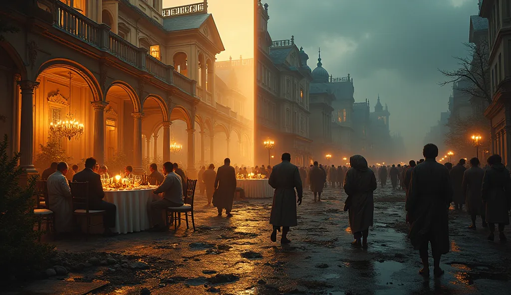 A contrasting scene depicting extreme inequality in a divided world. on one side of the image, a luxurious mansion in a screaming mansion prosperous and illuminated environment, with well-dressed people enjoying abundance: food banquets, jewels and visible...